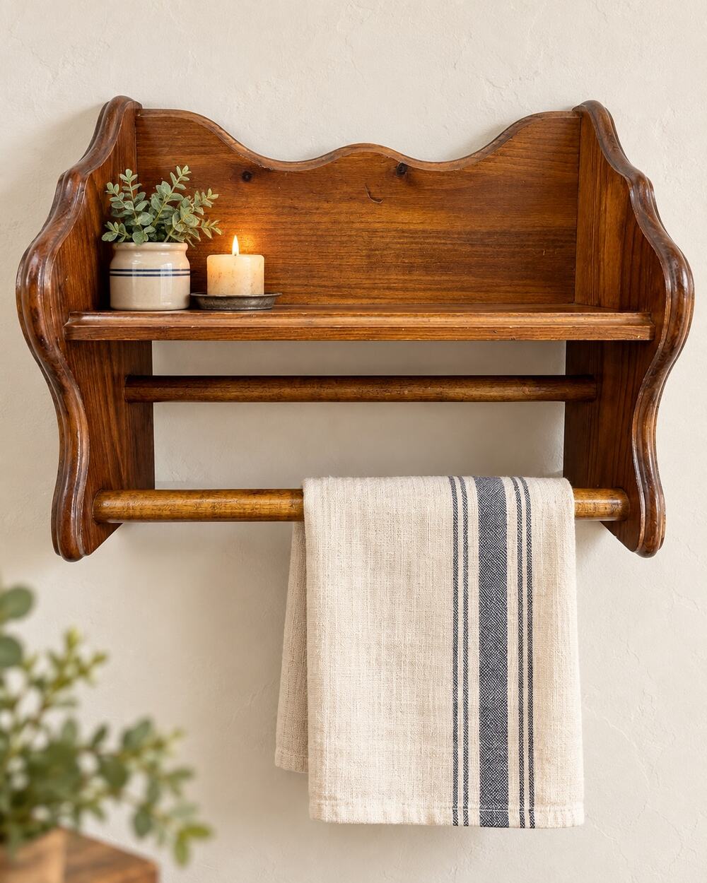Wood Wall Plate Rack Shelf Vintage Towel Bars Country Kitchen Display Storage